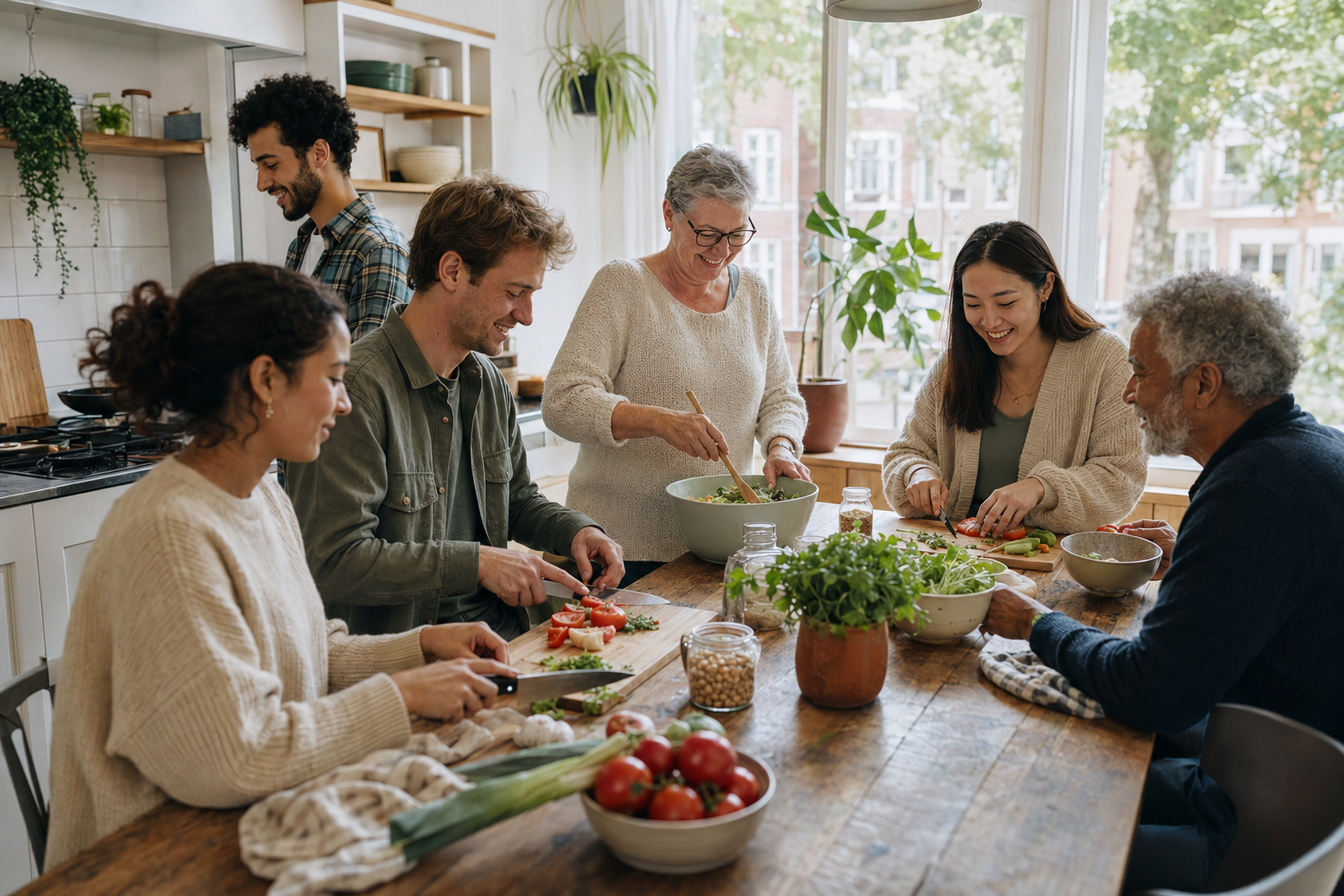 Jongeren en ouderen koken en praten samen in een buurtruimte.