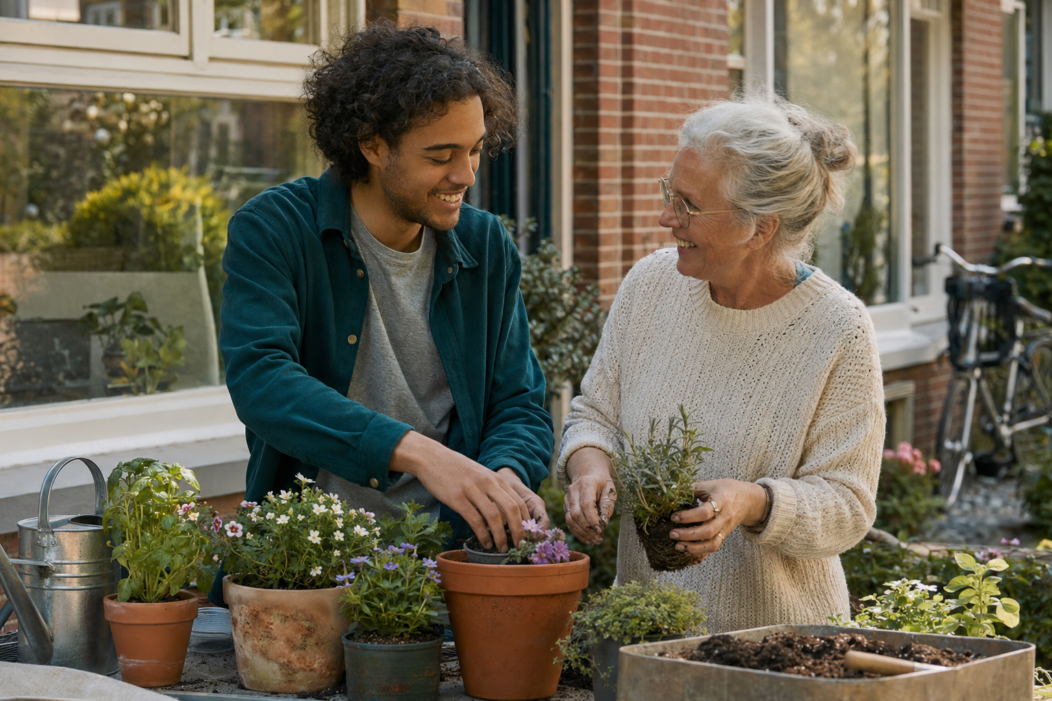 Een jongere en een oudere verzorgen samen planten bij huis.